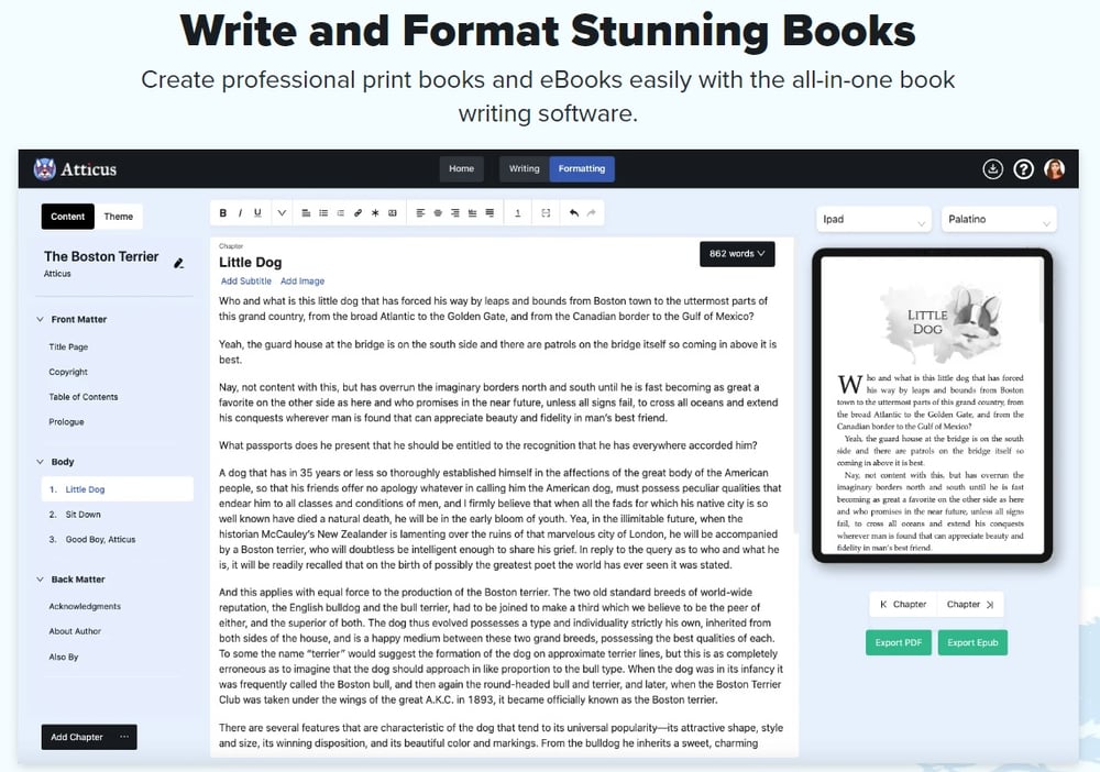 Atticus writing and formatting interface