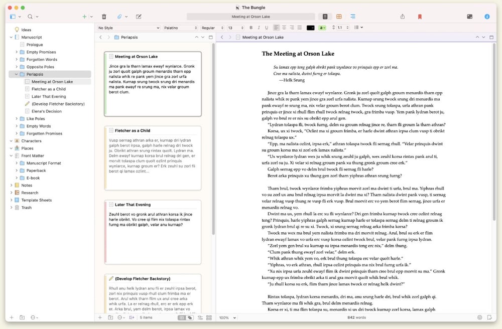 Scrivener manuscript project view
