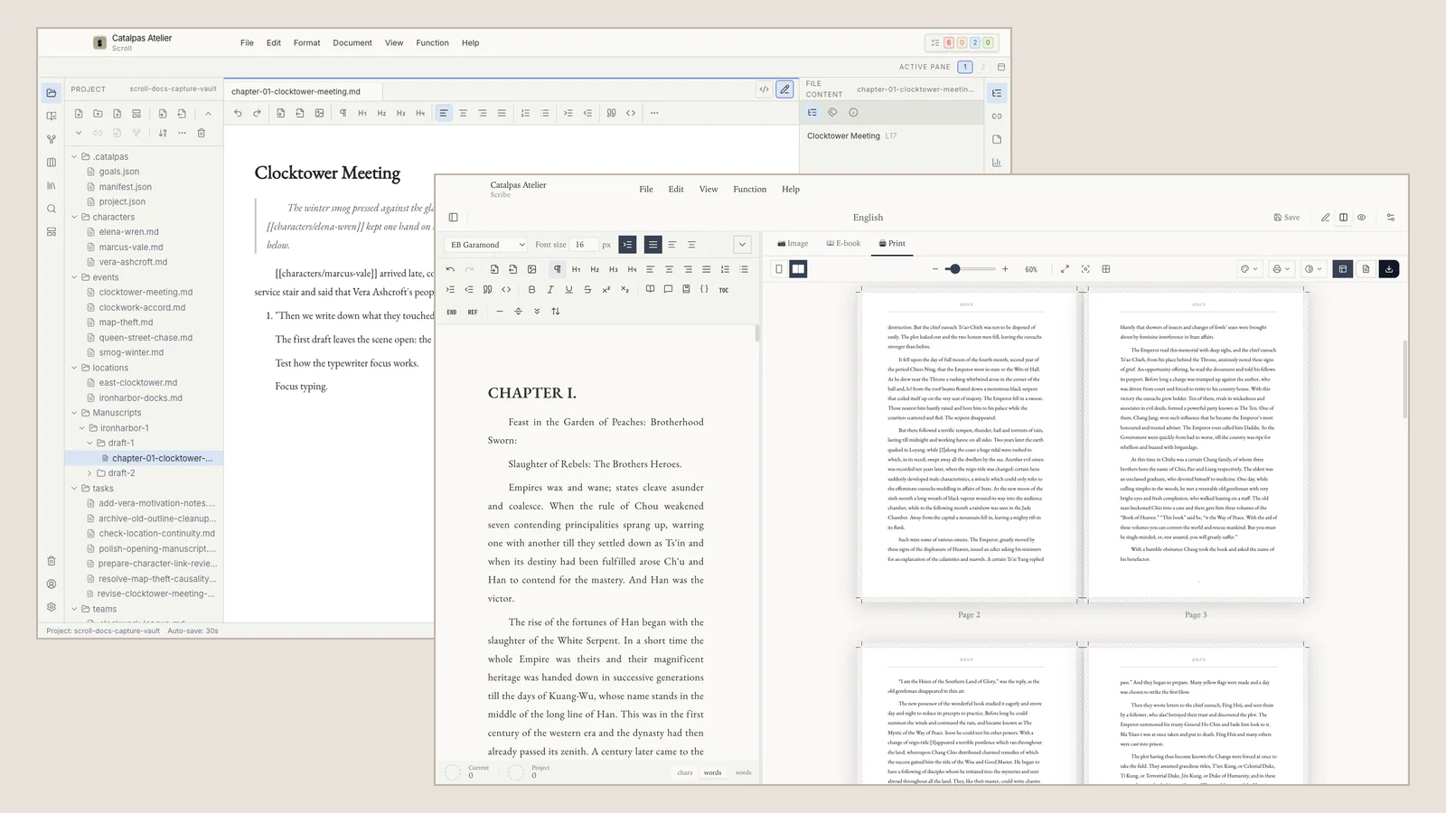 A self-publishing workflow divided between Scroll writing and Scribe book production